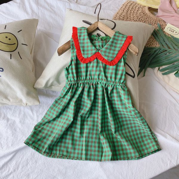 

2020 girl summer fashion sleeveless dress kids children plaid dress, Red;yellow