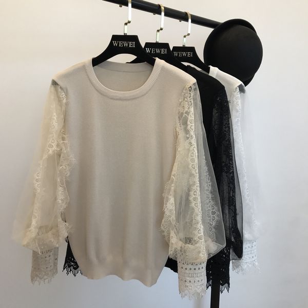 

amolapha женщины трикотажные свободные свитера сетки лоскутная рукав женщины женщина повседневная джемпер топы, White;black