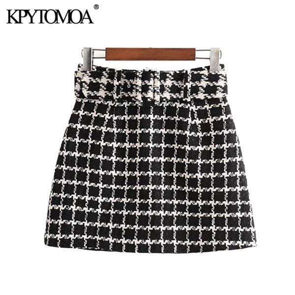 

vintage stylish with belt plaid tweed mini skirt women 2020 fashion a line back zipper office wear skirts casual faldas mujer, Black