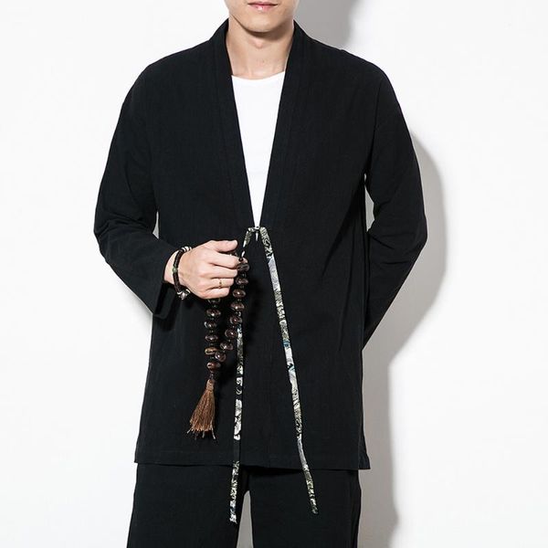 

2019 cotton linen china style kongfu coat male loose kimono cardigan overcoat open stitch spring summer coat mens windbreaker, Tan;black