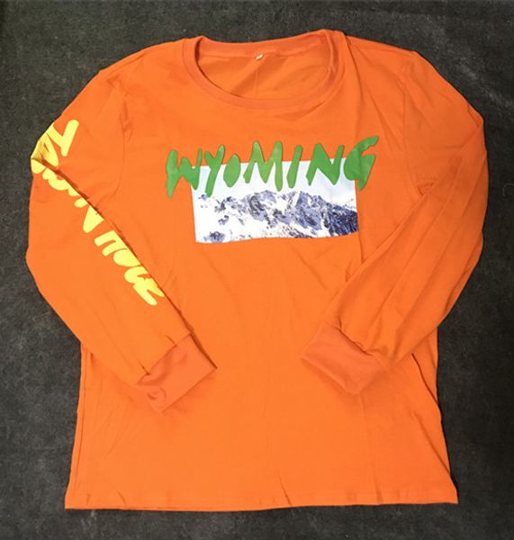 

2018 Latest TOP Kanye West Season 5 Wyoming mountains Pattern letter printing Men long sleeve t shirt hip hop Casual Cotton Tee