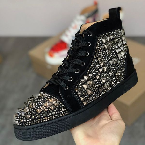 

new red bottom junior orlato sneakers high spikes flat shoes for mens and women luxury spikes round-toe party shoes good quality us5-13, Black