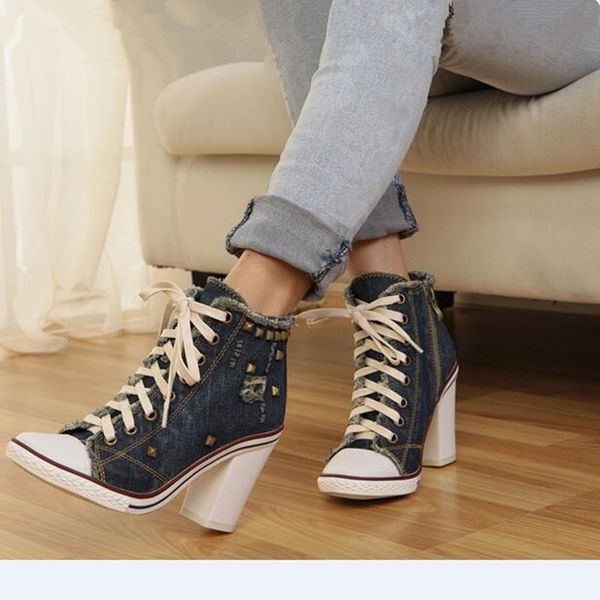 

chaussure femme 2019 rivet studded blue denim shoes high heels stylish cross-tied ladies shoes high square heel designer pumps, Black