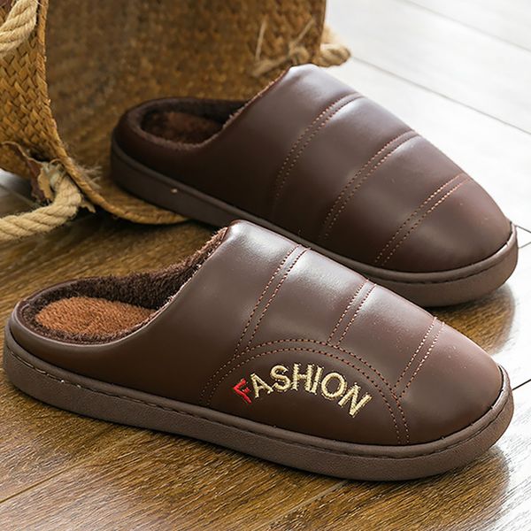 

men leather slippers pu plus size 45-47 sewing plush warm winter slippers men pvc solid non slip home shoes man, Black