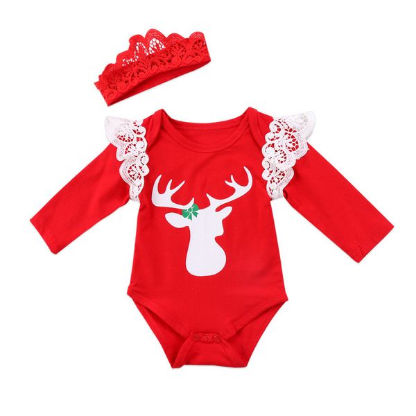 

emmababy christmas newborn baby girls long sleeve deer print lovely xmas lace cute bodysuit, Blue