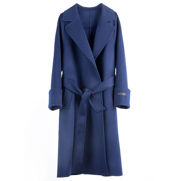 

women's handmade belt wool coat long straight cashmere coat casual wool, Black