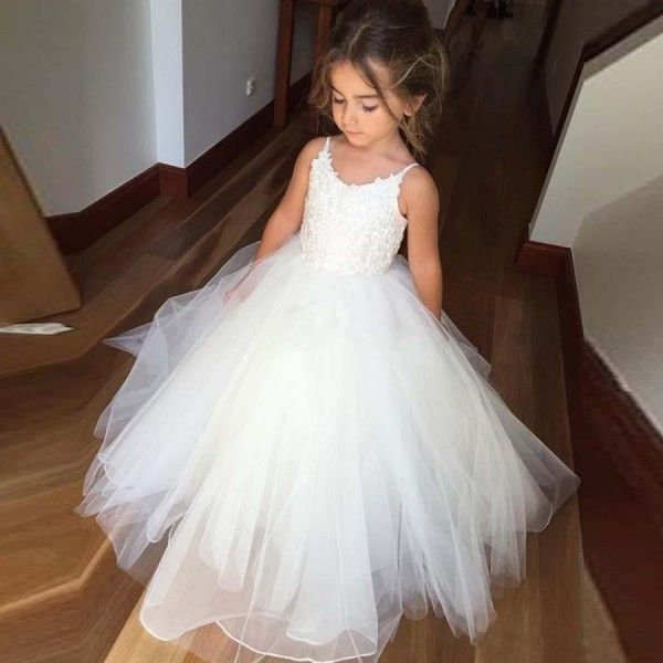 2019 Bonito Vestidos Da Menina de Flor para o Casamento Spaghetti StrapPuffy Saia de Renda Branca e Tule Primeira Comunhão Vestidos