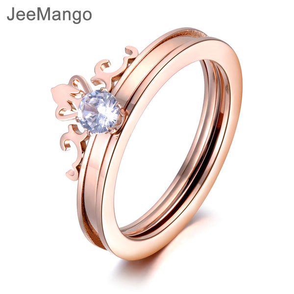 

jeemango 2 in 1 cubic zirconia crown ring jewelry for women rose gold stainless steel anniversary wedding ring anneaux r19013, Silver