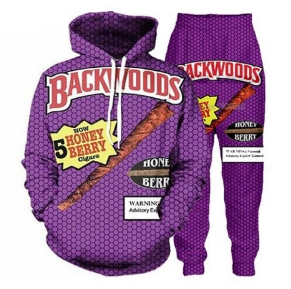 

new men/womens backwoods honey berry blunts funny 3d print fashion tracksuits crewneck hip hop sweatshirt and pants 2 pcs set hoodies, Black