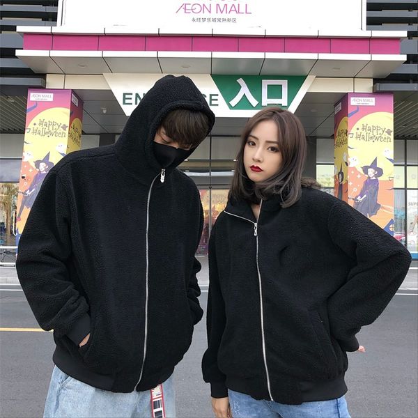 

mens warm velvet jackets 19ss winter designer coats solid color hooded pockets hombres jacket woman's coat fashion thickened plush coat, Black;brown