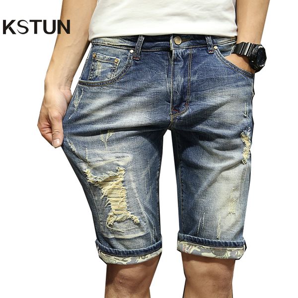 

kstun mens jeans shorts summer vintage denim shorts elastic fashion designer pockets short ripped jeans men brand destroyed, Blue