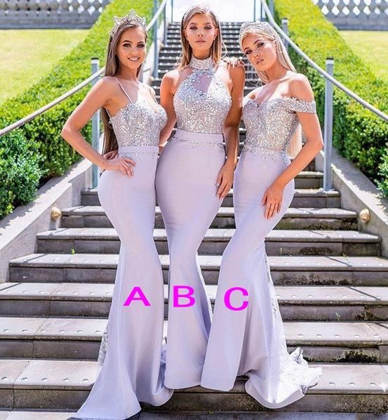 

mixed styles mermaid bridesmaid dresses lavender beads appliques lace maid of honor dress off the shoulder halter straps wedding guest dress, White;pink