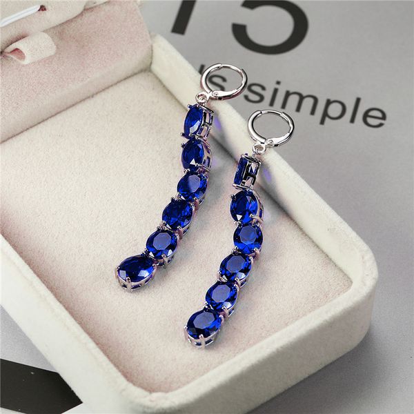 

female blue crystal drop earrings rose gold silver color hoop earrings simple rainbow oval wedding for women, Golden;silver