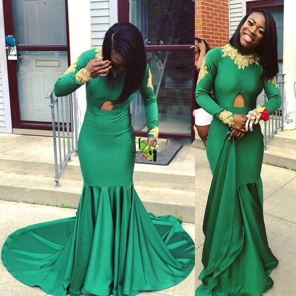 

emerald green mermaid prom dresses high neck long sleeve sweep train gold appliques long formal evening party gowns special occasion d, White;pink