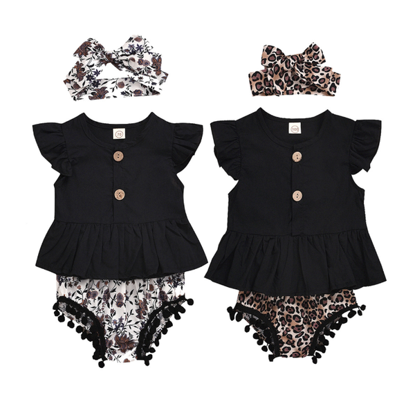 

twin newborn baby girl clothes set leopard print short sleeve ruffle romper flower short pants headband 3pcs infant outfits, White