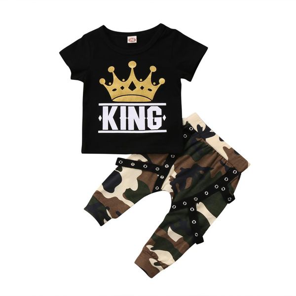 

fashion toddler kids baby boys king t-shirt + camo pants outfits clothes, White