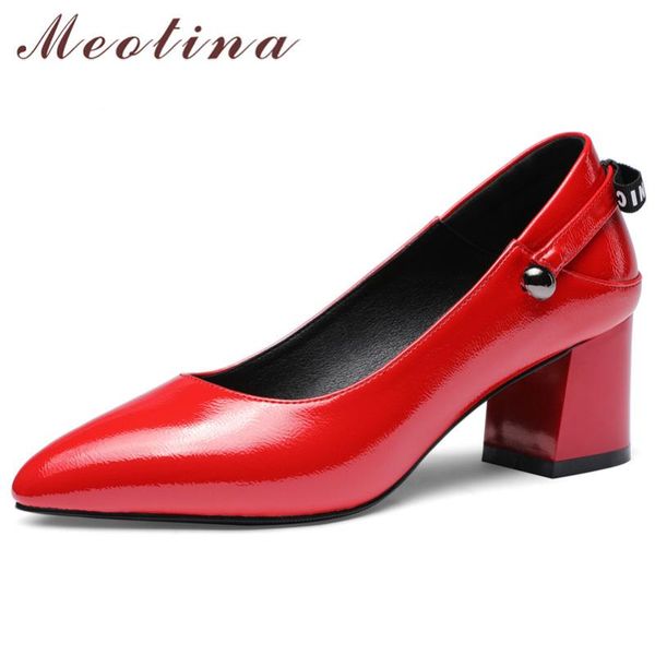 

meotina high heels women pumps patent leather thick high heels mary janes shoes fashion pointed toe shoes ladies red big size 43, Black