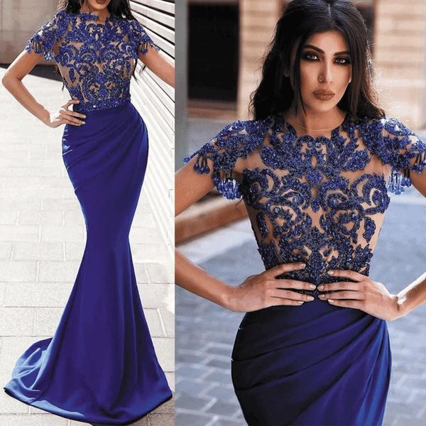 

royal blue beaded cap sleeves evening dresses 2020 mermaid long sequin lace applique elegant luxury formal dress robe de soiree