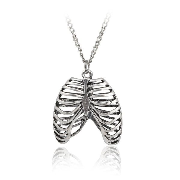 

fashion gothic vinage rib cage necklace anatomical skeleton heart goth punk unique retro pendant necklace jewelry for men/women, Silver