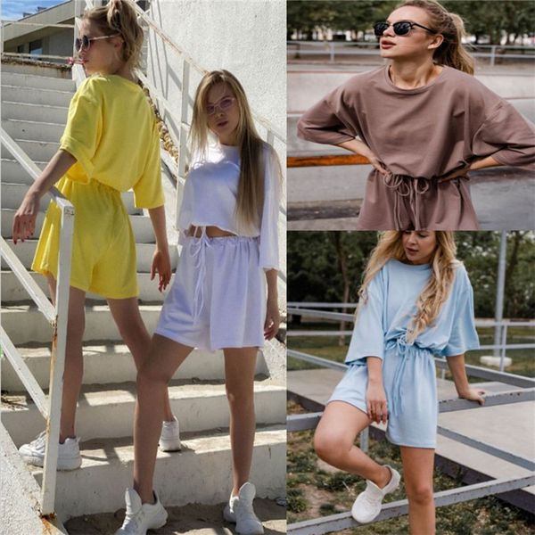 

summer womens designer casual suits solid color printed crew neck half sleeve womens two piece shorts set, White