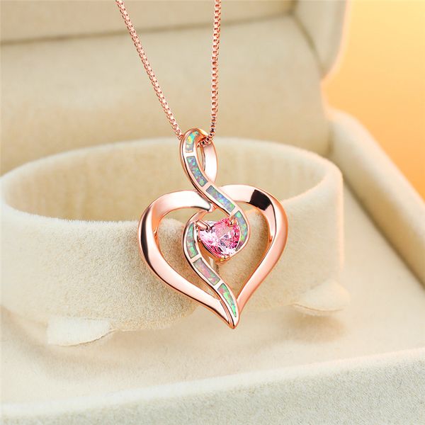 

elegant female pink crystal pendant necklace charm rose gold heart chain necklaces for women trendy white opal wedding necklace, Silver