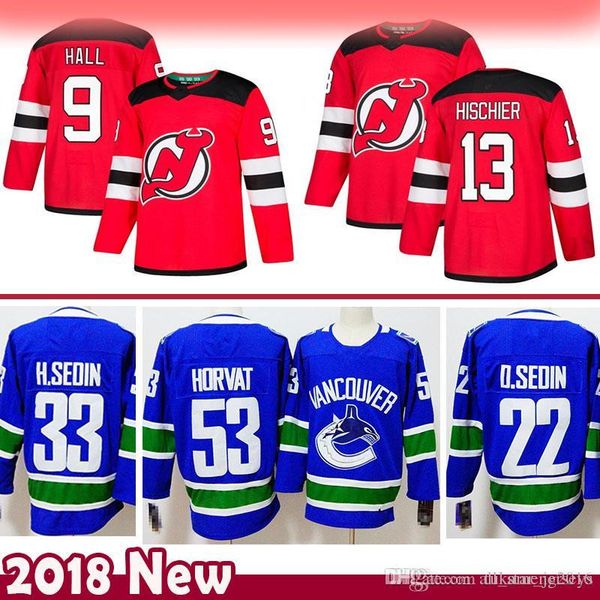 

дешевый 9 taylor hall 13 нико hischier нью-джерси девилз хоккей джерси 33 хенрик седин 22 даниэль седин 88 бо хорват ванкувер кэнакс трикота, Black;red