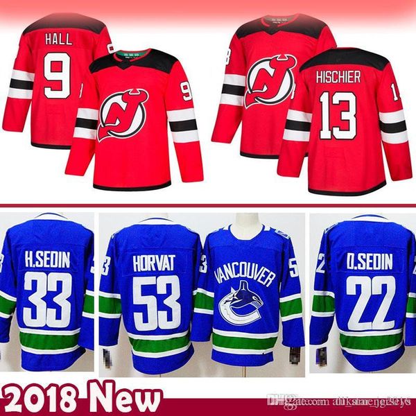 

9 taylor hall 13 nico hischier new jersey devils hockey jersey 33 henrik sedin 22 daniel sedin 88 bo horvat vancouver canucks jerseys, Black;red