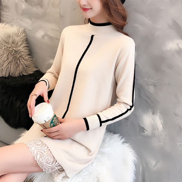 

длинный свитер женская новая осень и зима 2019 модный показ тонкое платье средний и длинный пуловер вязание дна юбка-jd70, White;black