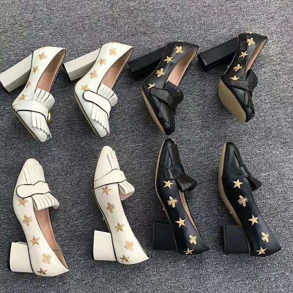

designer high heels marmont pump embroidered leather bee and star fringe pumps double tone hardware toe pumps chunky heel 5cm 10cm us 4-11, Black