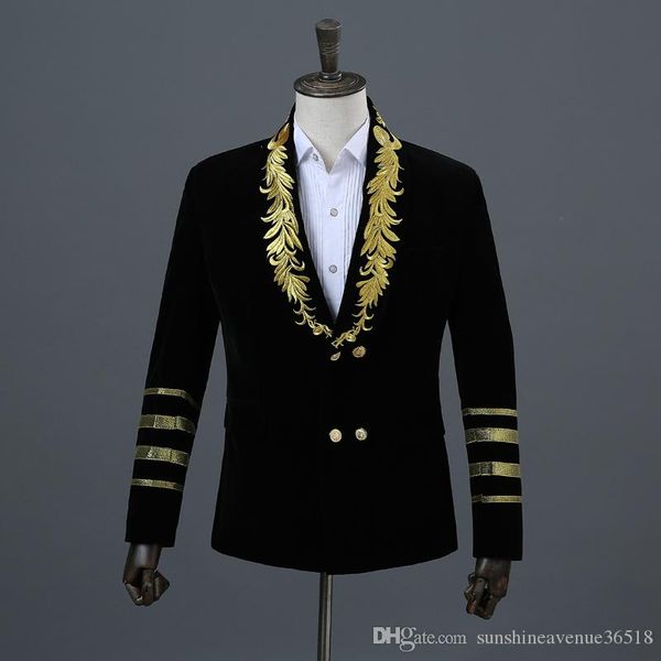 

men's gold embroidery double breasted velvet suit jacket brand new shawl collar military style party stage blazer masculino, White;black