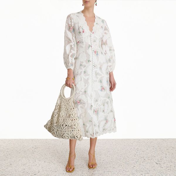

2020 autumn v-neck puff sleeve mid-calf dress women elegant flower embroidery dress high end designer runway vintage, Black;gray