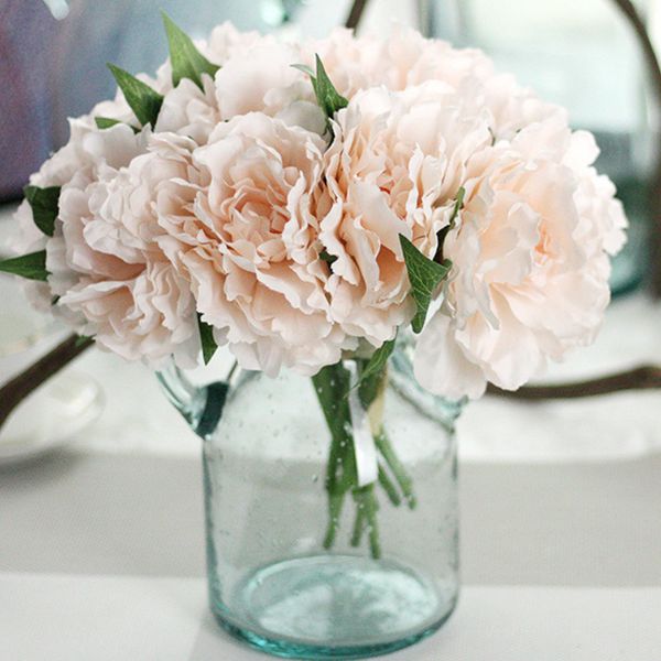 

a bouquet 5 heads artificial natural lifelike peony flower hydrangea bouquet silk flower diy home party decor with green leaf