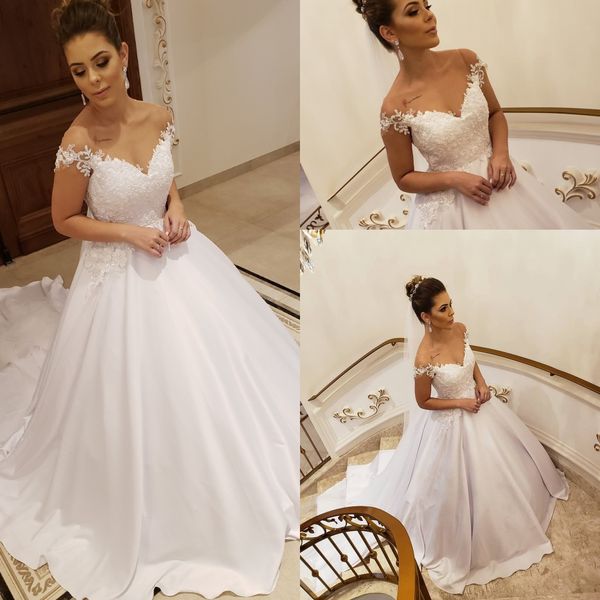 

2019 vintage a line satin off shoulder white wedding dresses applique lace beaded backless plus size country bridal wedding gowns vestios d