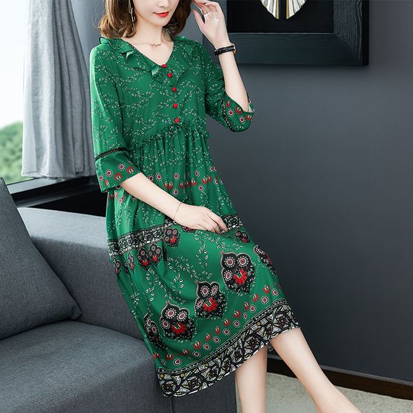 

new 2019 women dress elegant floral spring summer half sleeve vestidos chinese vintage print faux silk dresses high quality, Black;gray