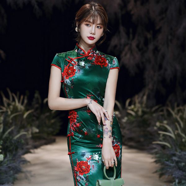 S-5XL Damen Chinesische Qipao Kleider Sommer Orientalisches Cheongsam Chipao Lange Seide High Fashion Grün Rayon Elegantes Abendkleid