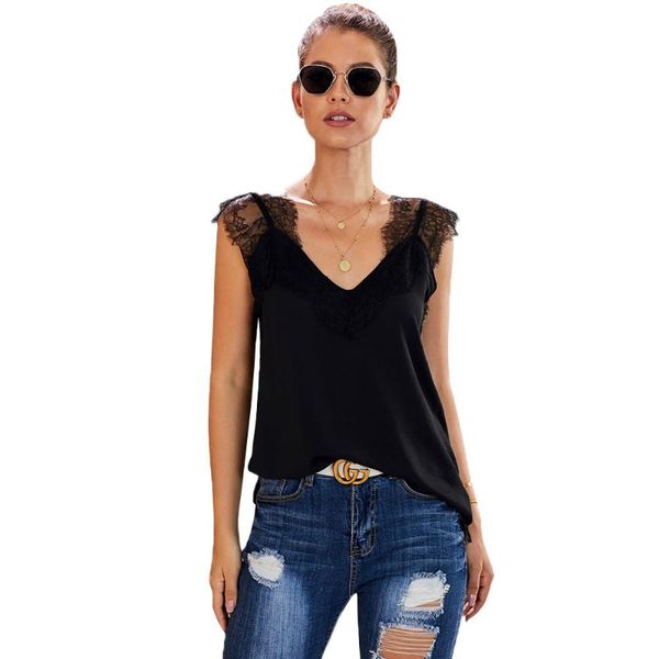 

shi ying outer wear vest t-shirt women's summer new style european version v-neck sleeveless lace joint shirt with narrow st, White
