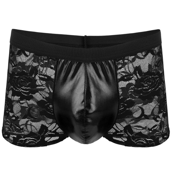 

2019 new lingerie faux leather hollow lace boxer shorts briefs underwear wet look bulge pouch underpants panties g-strings, Black;white