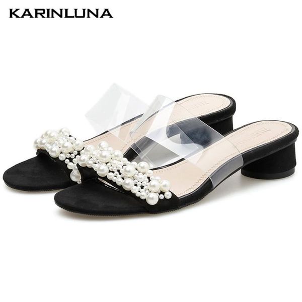 

karin fashion pearls chunky heels transparent summer women's sandal slippers shoes woman, Black