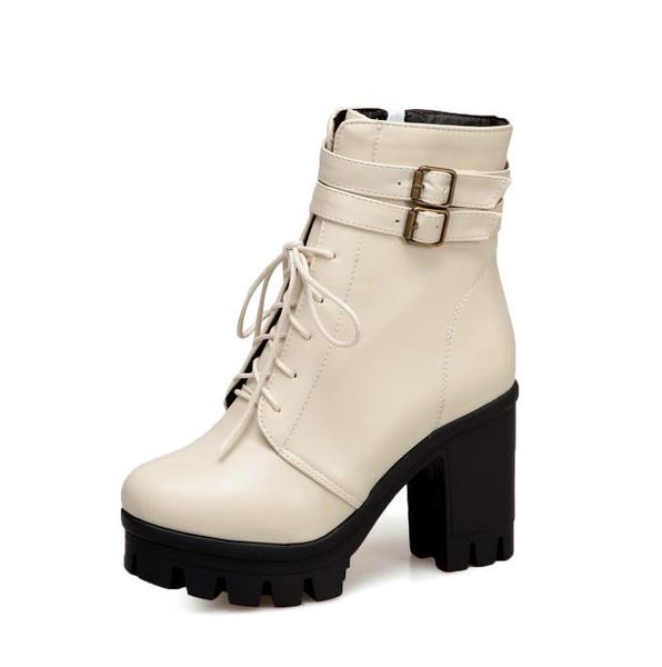 

big small size 34 to 40 41 42 43 casual style beige lace up platform chunky heel motocycle booties black brown
