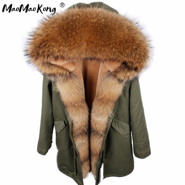 

mao mao kong 2017 new winter long jacket parkas camouflage army green raccoon fur collar hooded parkas thick coat real fur y190926, Black;white