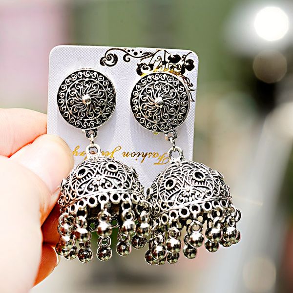 

classic women jhumka gypsy jewelry sliver boho earrings vintage ethnic hollow tassel bell earrings for women 2020, Golden;silver