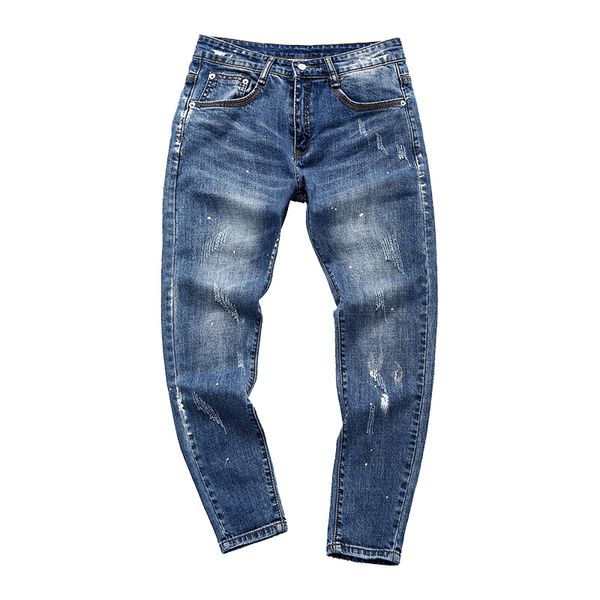 

wholesale 2020 denim casual splashing jeans men's spring autumn new korean trend thin feet pants slim wild nine points pants, Blue