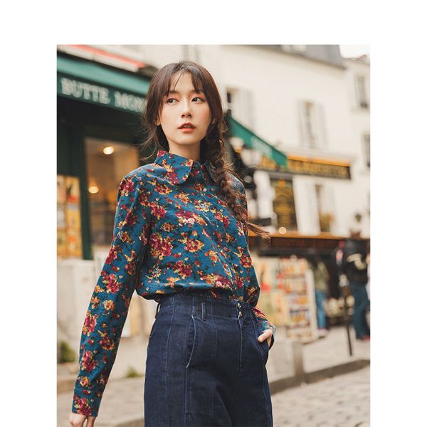 

inman autumn new arrival french style elegant turn-down collar vintage print all-match literature blouse, White