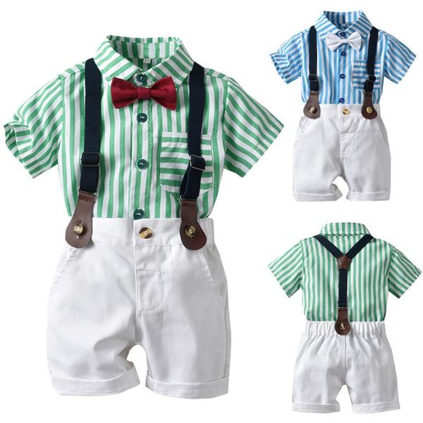 

kid clothes 2020 toddler baby boys gentleman bow tie striped short sleeve t-shirt shorts overalls outfits roupa infantil, White