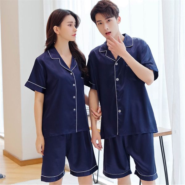 

весна и осень мужчины и женщины пара пижамы ледяной шелк корейский имитация шелка из двух частей костюм с коротким рукавом домашнего сервиса, Blue;gray