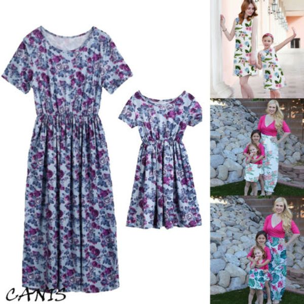 

mother daughter summer boho floral long maxi dress family matching dress outfits, Blue
