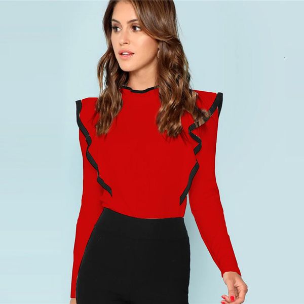 

women designer shirts womens ruffle trim keyhole back casual elegant button stand collar long sleeve women autumn plain minimalist, White