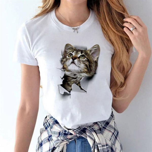 

women short sleeve t-shirt o-neck blouse 3d cat printed female t shirt, White