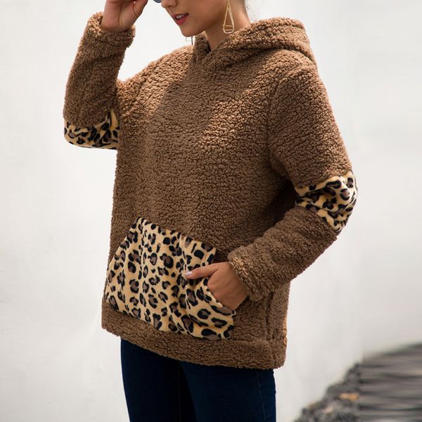 

vogue teddy women hoodies fuzzy faux shearling hooded leopard sweatshirt coat warm pocket coat outwear bluza damska 8m3, Black