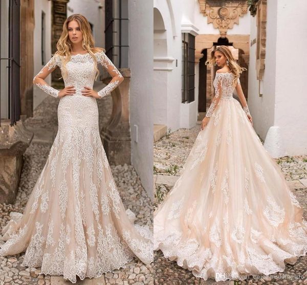 

mermaid wedding dresses off shoulders lace appliques sheer long sleeves tulle long bridal gowns, White